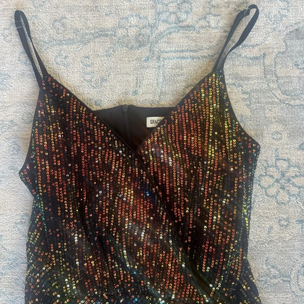 Grace Karin Multicolor Metallic Gold Sequin Mini Dress | Wrap Front | Size L - Picture 3 of 11